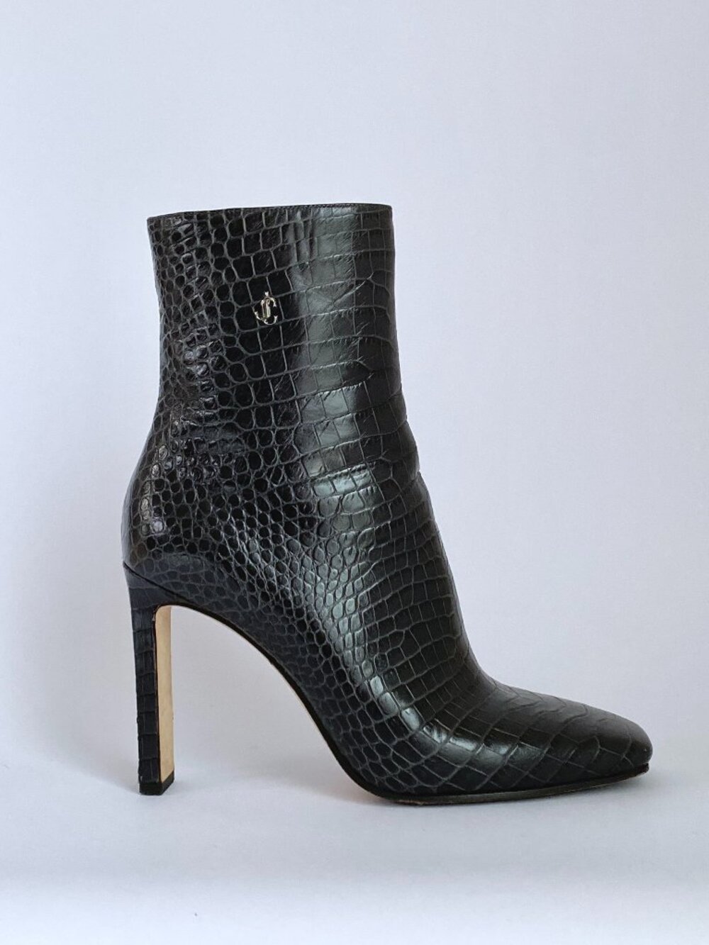 Jimmy Choo Minori 85 Black Dusk Croc Embossed Leather Ankle Boot US 8 / EU 38.5